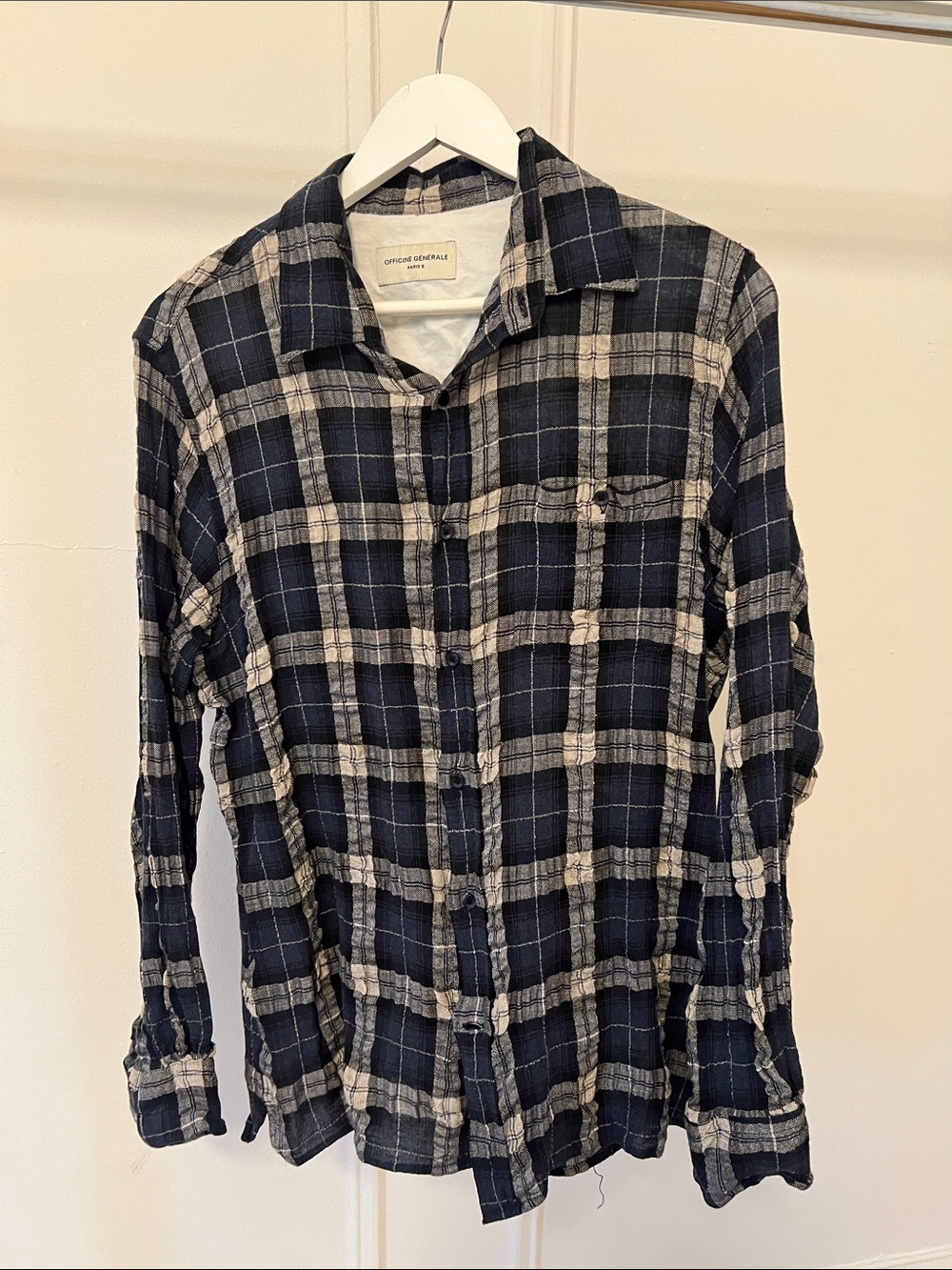 Officine Generale Navy and White Plaid Button-Down Shirt